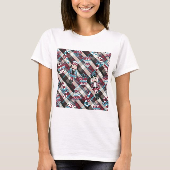Christmas Nutcracker Plaid Blue Burgundy T-Shirt (Front)