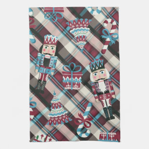 Christmas Nutcracker Plaid Blue Burgundy Tea Towel