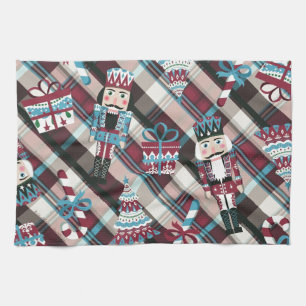 Christmas Nutcracker Plaid Blue Burgundy Tea Towel
