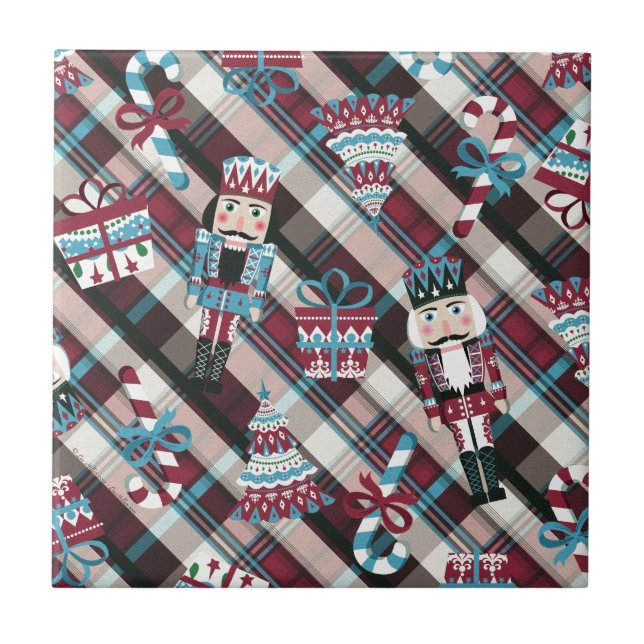 Christmas Nutcracker Plaid Blue Burgundy Tile (Front)