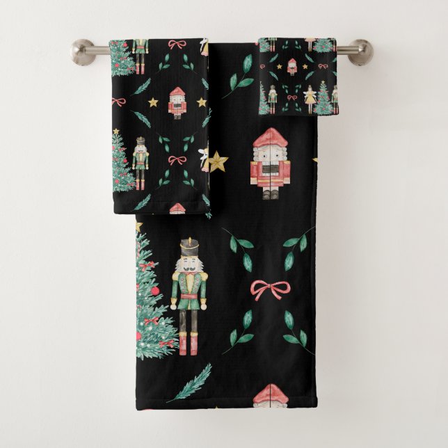 Christmas Nutcracker Soldiers & Fairies on Black Bath Towel Set (Insitu)