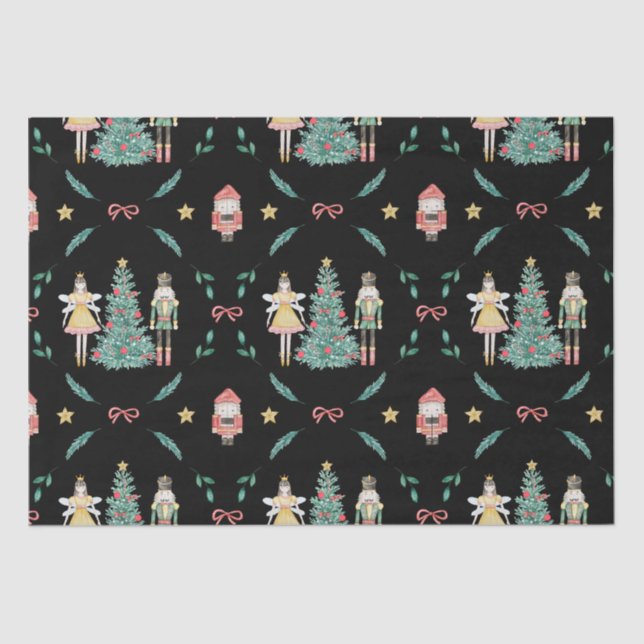 Christmas Nutcracker Soldiers & Fairies on Black  Tissue Paper (Front)