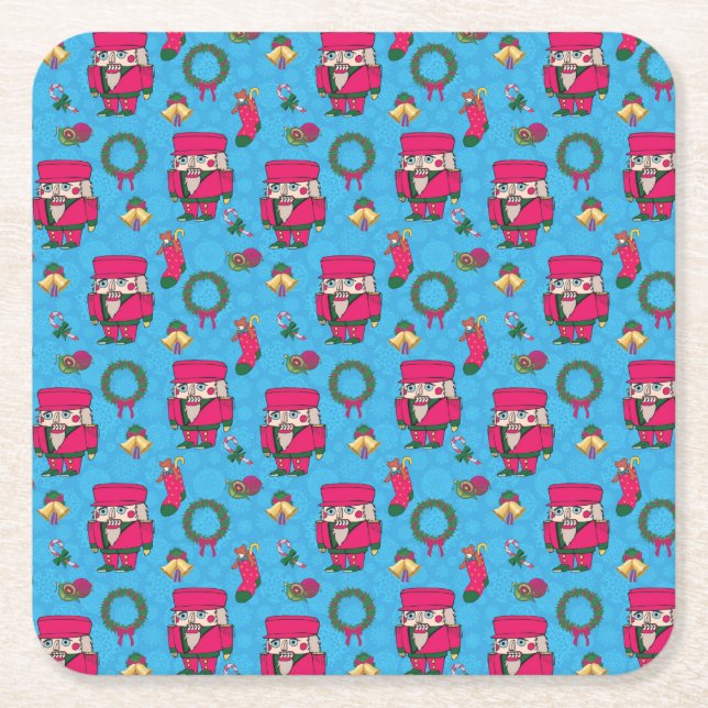 Christmas Nutcracker toy,Blue snowflake pattern Square Paper Coaster (Front)