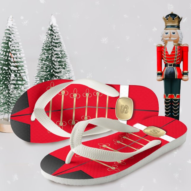 Christmas Nutcracker Toy Soldier Monogram Festive Kid's Flip Flops (Stand to attention in a pair of fun nutcracker flip flops)