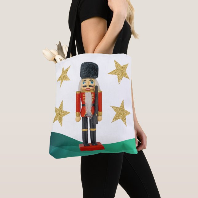 Christmas Nutcracker with Gold Glitter Stars Tote Bag (Close Up)