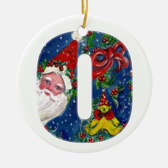 CHRISTMAS O LETTER / SANTA CLAUS WITH RED RIBBON CERAMIC TREE DECORATION (Front)