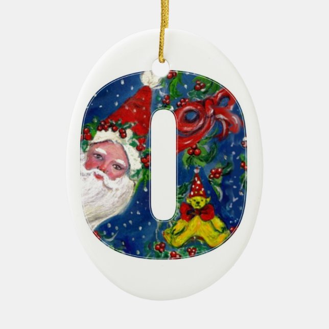 CHRISTMAS O LETTER / SANTA CLAUS WITH RED RIBBON CERAMIC TREE DECORATION (Front)