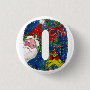 CHRISTMAS O LETTER / SANTA   RED RIBBON MONOGRAM 3 CM ROUND BADGE