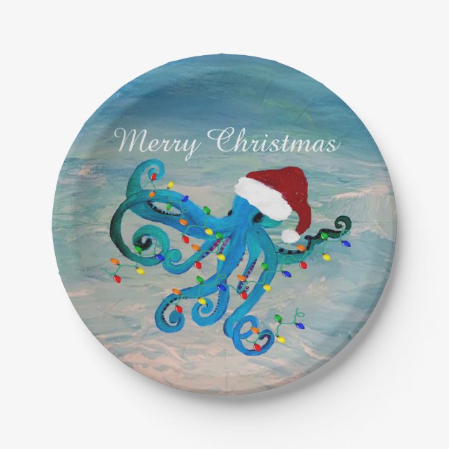 Christmas octopus coastal Holiday party supply  Paper Plate (Front)