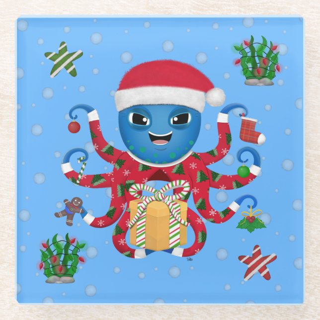 Christmas Octopus  Glass Coaster (Front)