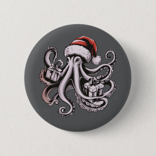 Christmas Octopus Holiday Santa Hat Xmas 6 Cm Round Badge