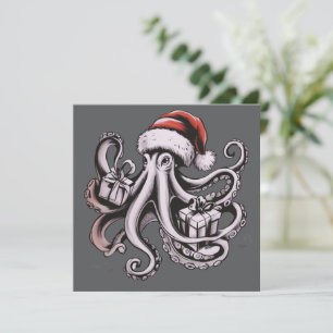 Christmas Octopus Holiday Santa Hat Xmas Card