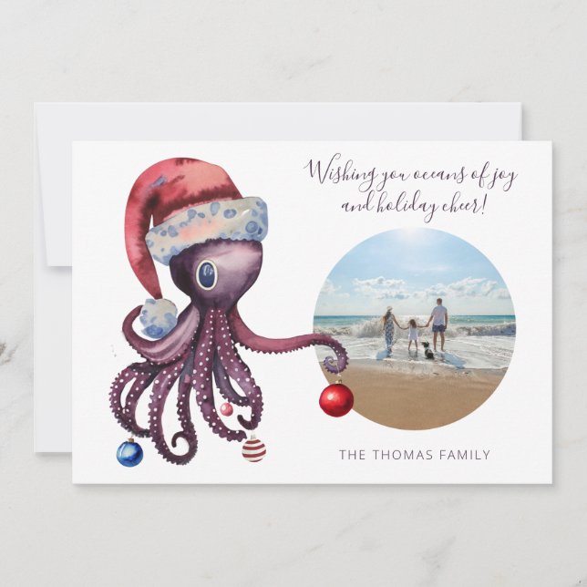 Christmas Octopus in Santa Hat Nautical Picture Holiday Card (Front)