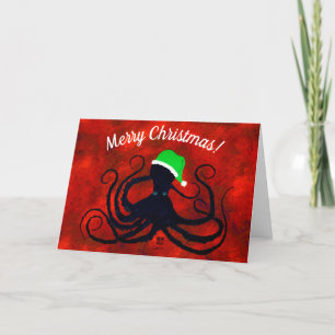 Christmas Octopus on Red - 7" x 5" Card