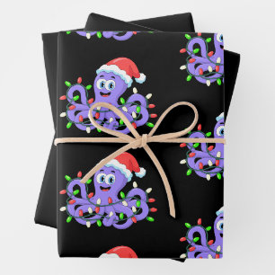 Christmas Octopus Santa Hat Lights Tentacles Xmas Wrapping Paper Sheet
