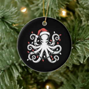 Christmas Octopus Santa Hat Lights Xmas Holiday Ceramic Tree Decoration
