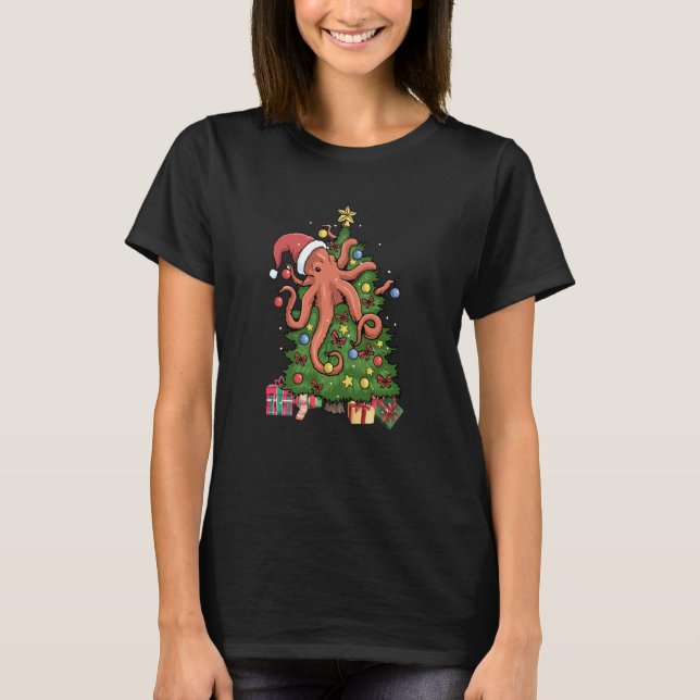 Christmas Octopus Squid Merry Christmas Tree T-Shirt (Front)