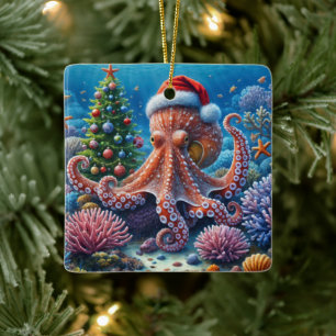 Christmas Octopus Wearing a Santa Hat Ceramic Ornament