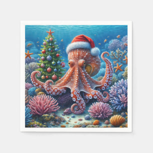 Christmas Octopus Wearing a Santa Hat Napkin