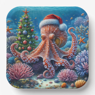 Christmas Octopus Wearing a Santa Hat Paper Plate
