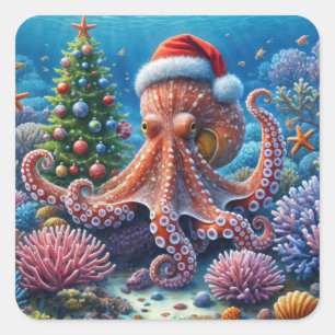 Christmas Octopus Wearing a Santa Hat Square Sticker