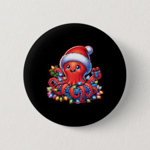 Christmas Octopus With Santa Hat And Holiday Light 6 Cm Round Badge