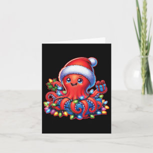 Christmas Octopus With Santa Hat And Holiday Light Card