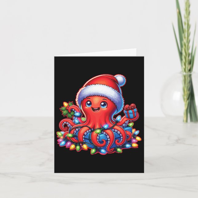 Christmas Octopus With Santa Hat And Holiday Light Card (Front)