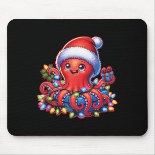 Christmas Octopus With Santa Hat And Holiday Light Mouse Mat