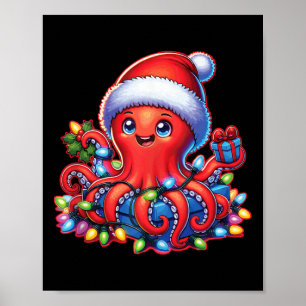 Christmas Octopus With Santa Hat And Holiday Light Poster