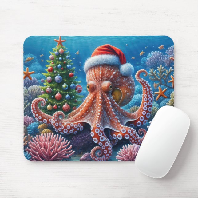 Christmas Octopus With Santa Hat Mouse Mat (With Mouse)