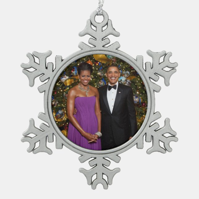 Christmas of President Barack Obama and Michelle Snowflake Pewter Christmas Ornament (Front)