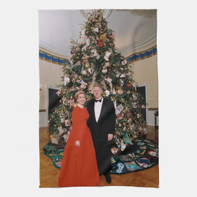 Christmas of US President Bill Clinton & Hillary  Tea Towel (Vertical)