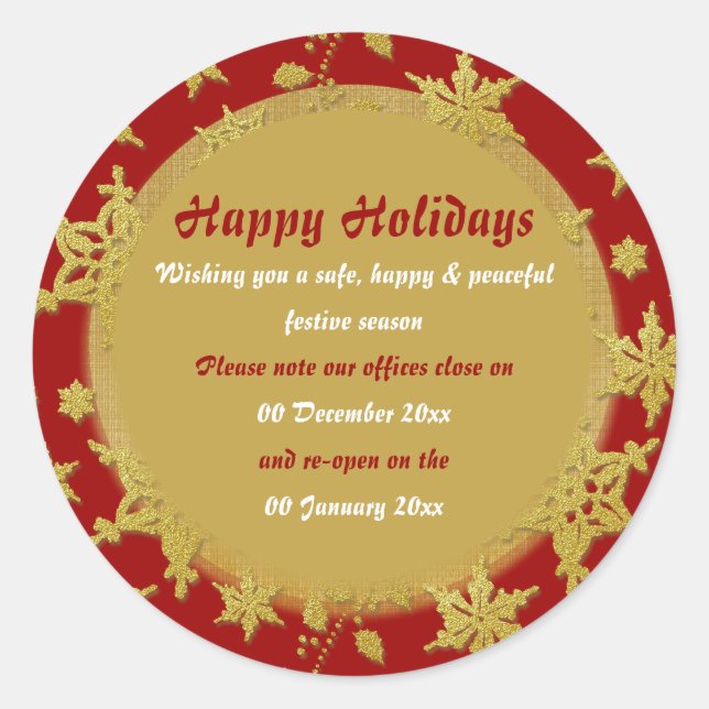 Christmas office premises closed from to peace classic round sticker (Front)
