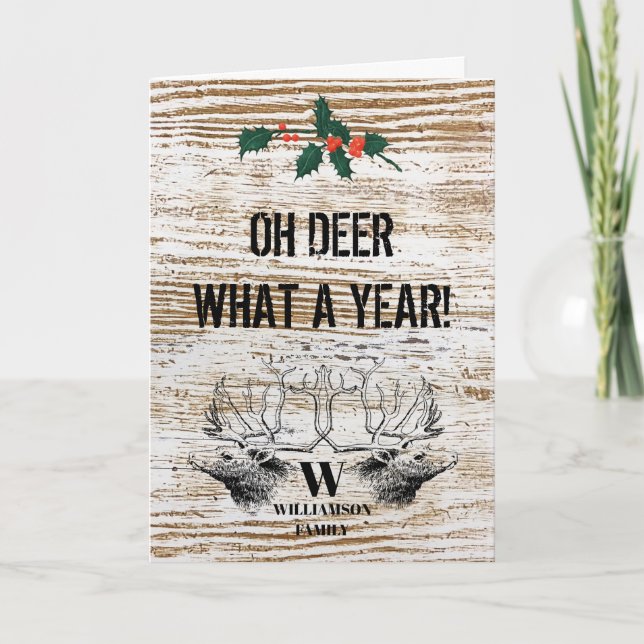 Christmas Oh Deer What a Year Christmas Monogram Holiday Card (Front)