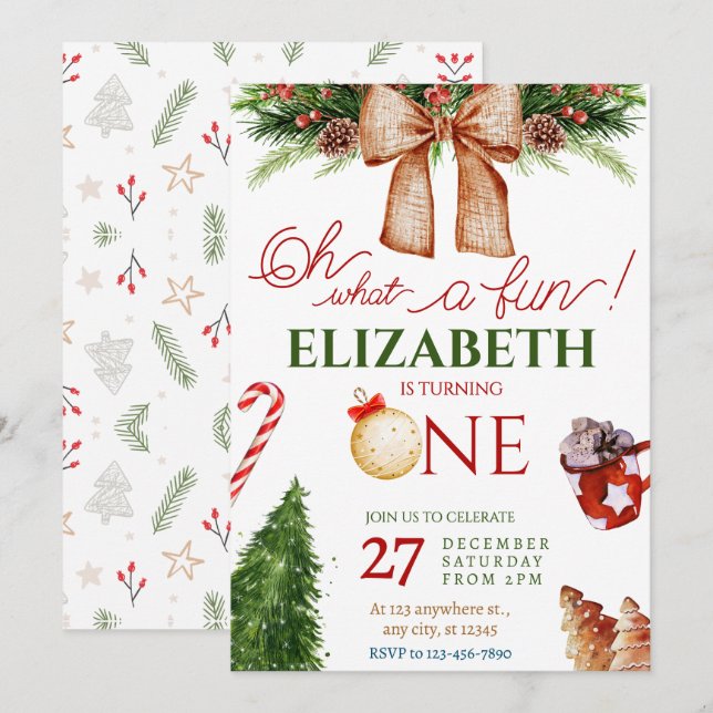 Christmas Oh What Fun First Birthday Invitation (Front/Back)