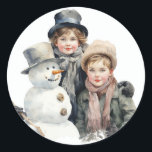 Christmas Old-fashion Children Snowman Watercolor  Classic Round Sticker<br><div class="desc">Christmas Old-fashion Children In Snow Watercolor Square Sticker</div>