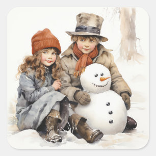 Christmas Old-fashion Children Snowman Watercolor Square Sticker