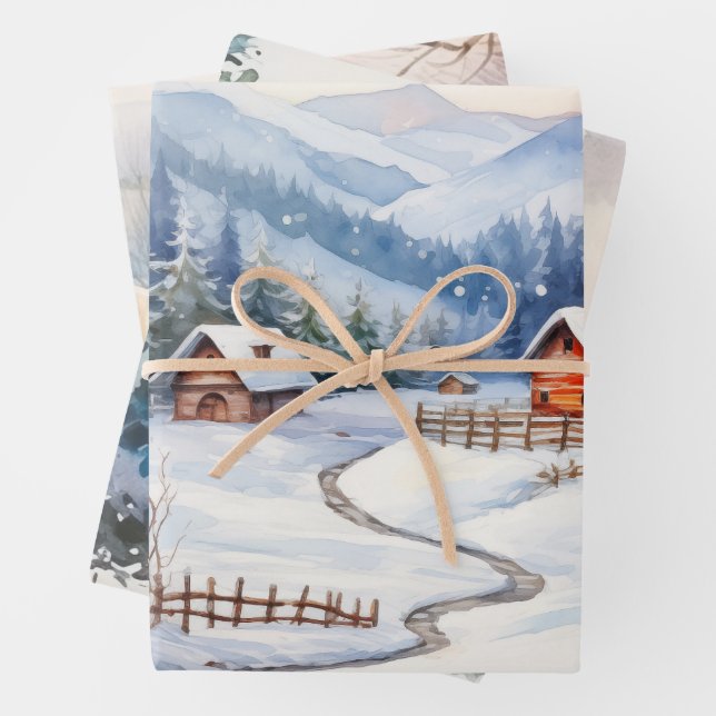 Christmas Old Fashioned Farms In the Mountains Wrapping Paper Sheet (In situ)