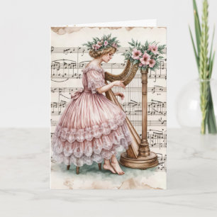 Christmas Old-fashioned Girl Playing a Harp Card