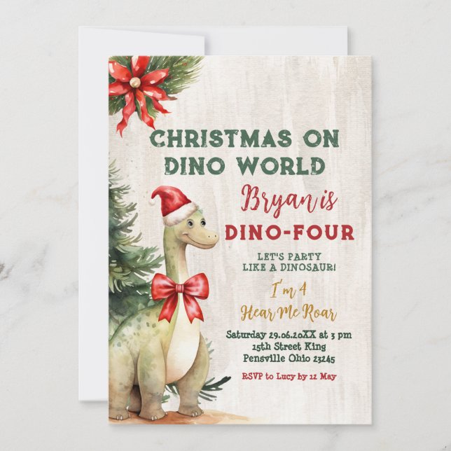 Christmas On Dino World Dinosaur Birthday Party Invitation (Front)