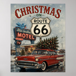 Christmas on Route 66 Vintage Car Blue Swallow  Poster