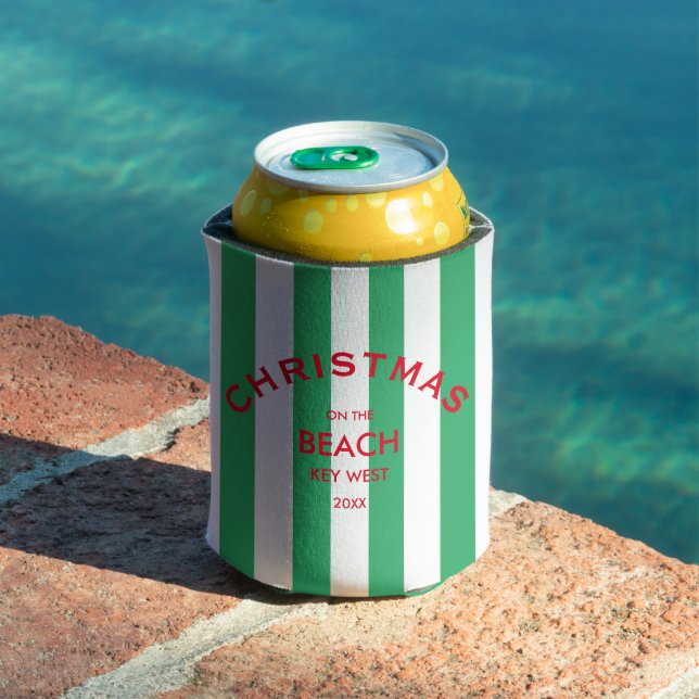 Christmas On The Beach Custom Green Cabana Stripe  Can Cooler (In Situ Pool)