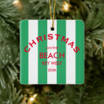Christmas On The Beach Custom Green Cabana Stripe  Ceramic Ornament<br><div class="desc">Celebrate the holiday season with a touch of coastal charm through our Christmas On The Beach Custom Green Cabana Stripe Ceramic Ornament. This beautifully designed ornament blends the vibrancy of beachside living with festive cheer, making it the perfect keepsake for your beach house or a thoughtful personalised gift for loved...</div>