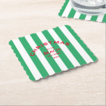 Christmas On The Beach Custom Green Cabana Stripe  Paper Coaster<br><div class="desc">These coasters are perfect for your Christmas parties, celebrations and gathering at your beach house or on the beach... Green cabana stripes with red custom beach logo. Personalise with the beach location and year. The perfect addition to your Christmas gatherings! Matching accessories available in the Christmas On The Beach Green...</div>