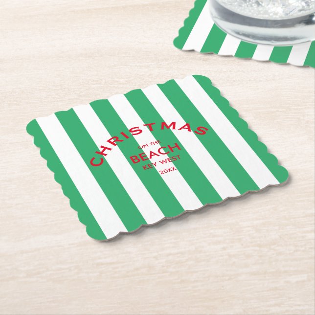 Christmas On The Beach Custom Green Cabana Stripe  Paper Coaster (Angled)