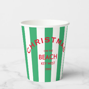 Christmas On The Beach Custom Green Cabana Stripe  Paper Cups