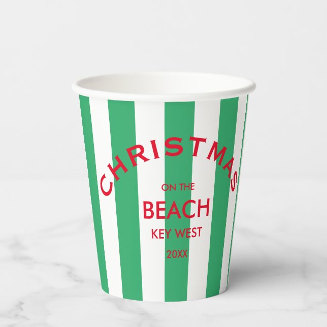 Christmas On The Beach Custom Green Cabana Stripe  Paper Cups (Back)
