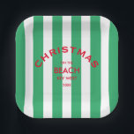 Christmas On The Beach Custom Green Cabana Stripe  Paper Plate<br><div class="desc">These paper plates are perfect for your Christmas parties,  celebrations and gathering on the beach...  Green cabana stripes with red custom beach logo. Personalise with the beach location and year. The perfect addition to your Christmas gatherings! Matching accessories available in the Christmas On The Beach Green Cabana Stripe Collection.</div>