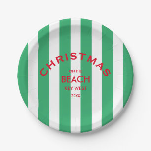 Christmas On The Beach Green Cabana Stripe  Paper Plate
